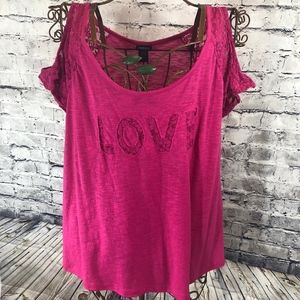 Torrid 1 1X Pink Lace Shoulder Love Graphic Blouse